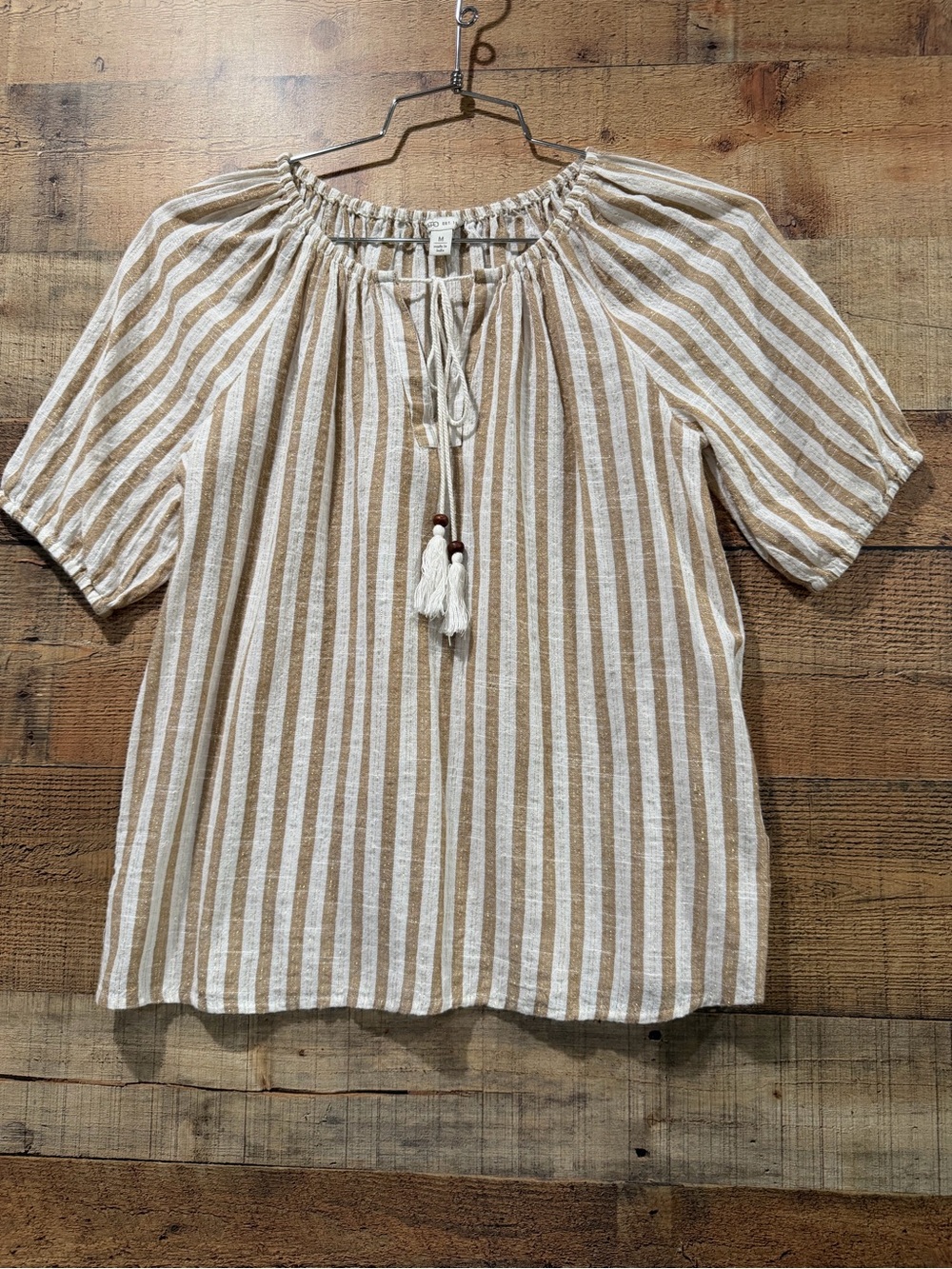 CATO Beige, White Striped Peasant Top With Gold Metallic Threads Size Medium
